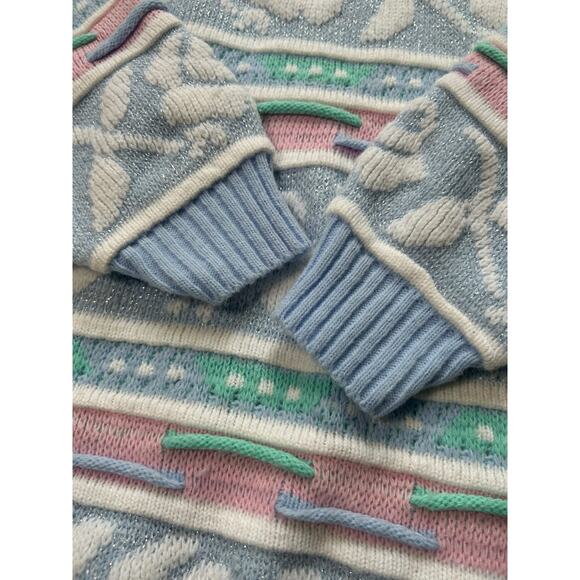 Vintage 80s Rose Pastel Sparkle Coogi Style Chunky Knit Sweater Fairy Kei M/L - Picture 3 of 10